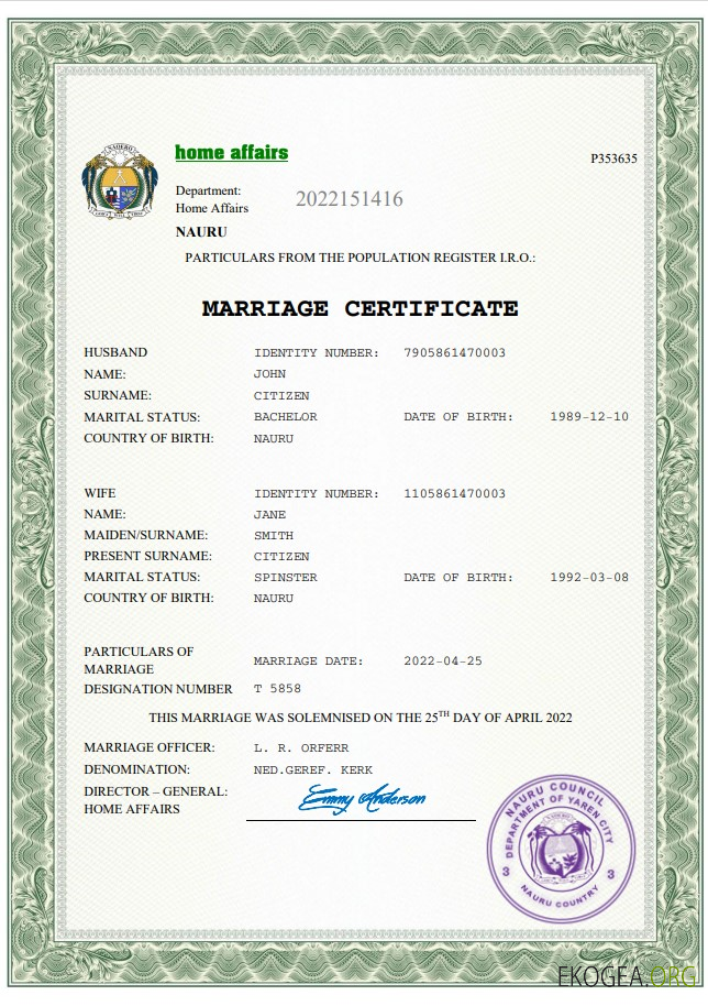 Modèle Word et PDF d'acte de mariage à Nauru